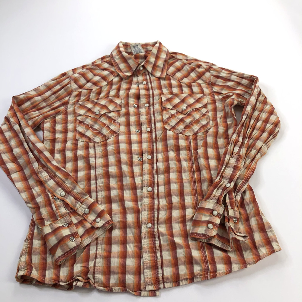 True Religion Medium Pearl Snap Western Plaid Button Long Sleeve Shirt Orange
